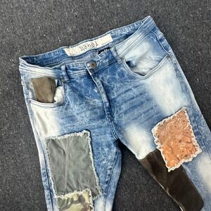 R3bel Jeans Mens 34 Blue Acid Wash Patchwork Skinny Fit Distressed Streetwear